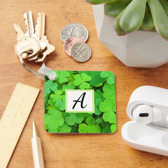 Green Clovers Photo Prosperity Bible Verse Initial Key Ring (Desk)