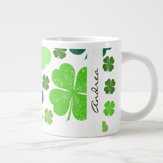 Green Clovers, Saint Patrick's Day, Your Name Large Coffee Mug (Right)