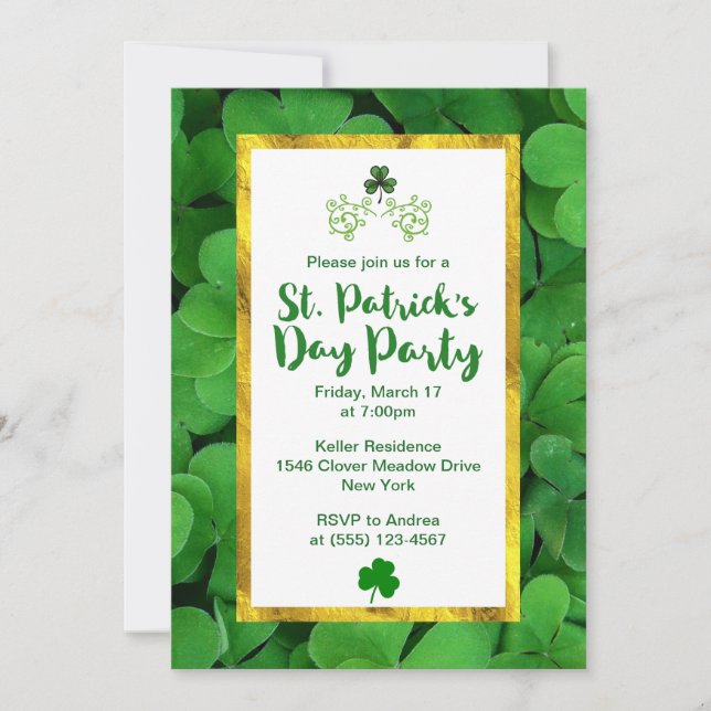 Green Clovers St Patrick's Day Party Invite (Front)