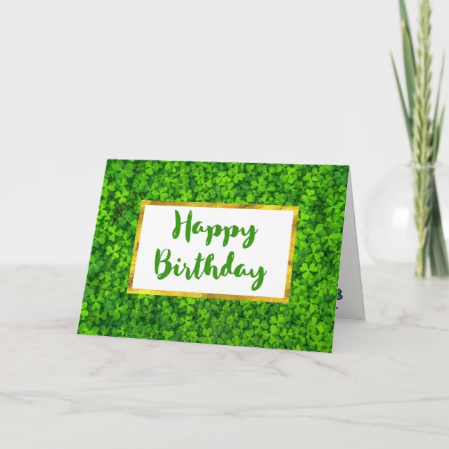 Green Clovers with FAUX Gold Foil Frame Birthday Card (Front)