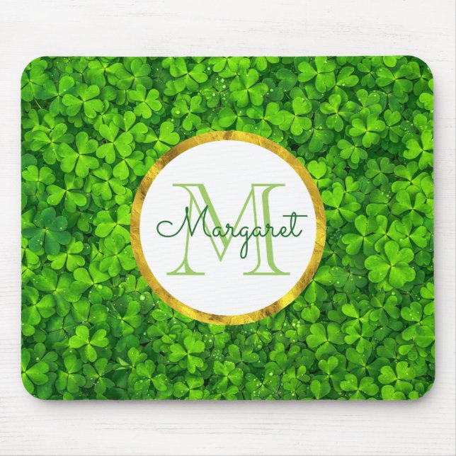 Green Clovers with FAUX Gold Foil Frame Monogram Mouse Pad (Front)