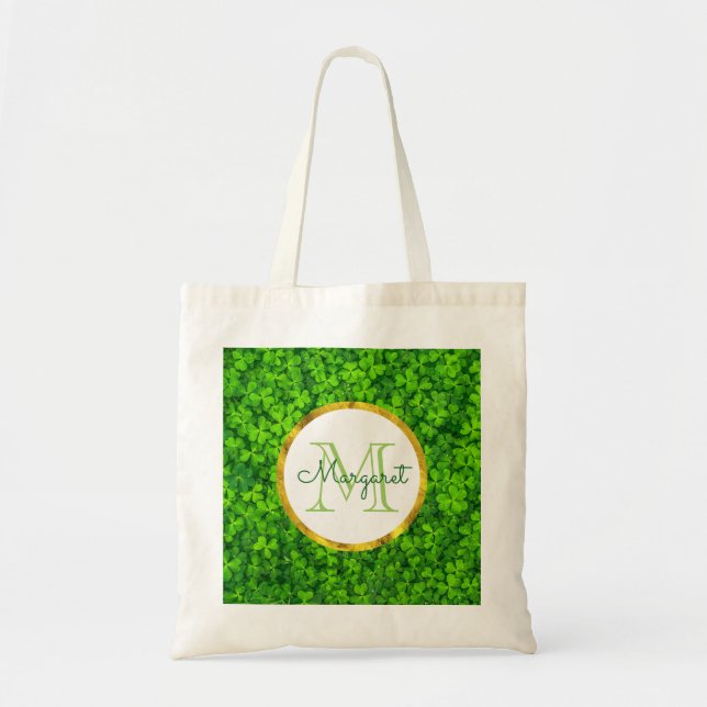 Green Clovers with FAUX Gold Foil Frame Monogram Tote Bag (Front)