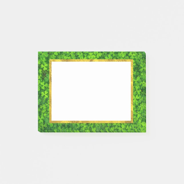 Green Clovers with FAUX Gold Foil Frame Post-it Notes (Front)