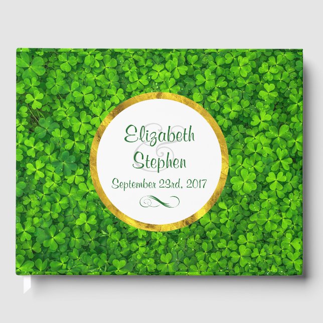 Green Clovers with FAUX Gold Foil Frame Wedding Guest Book (Front)