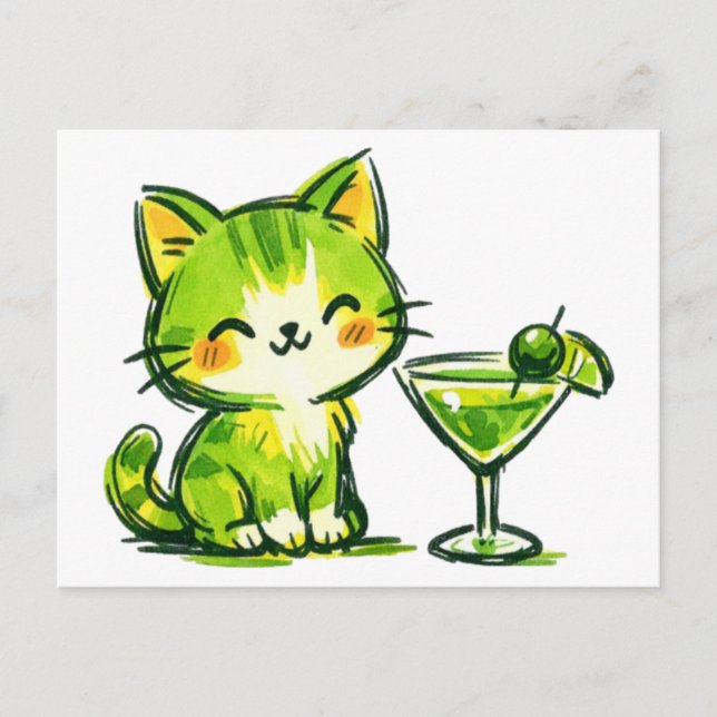 Green Cocktails and Cats Postcard (Front)
