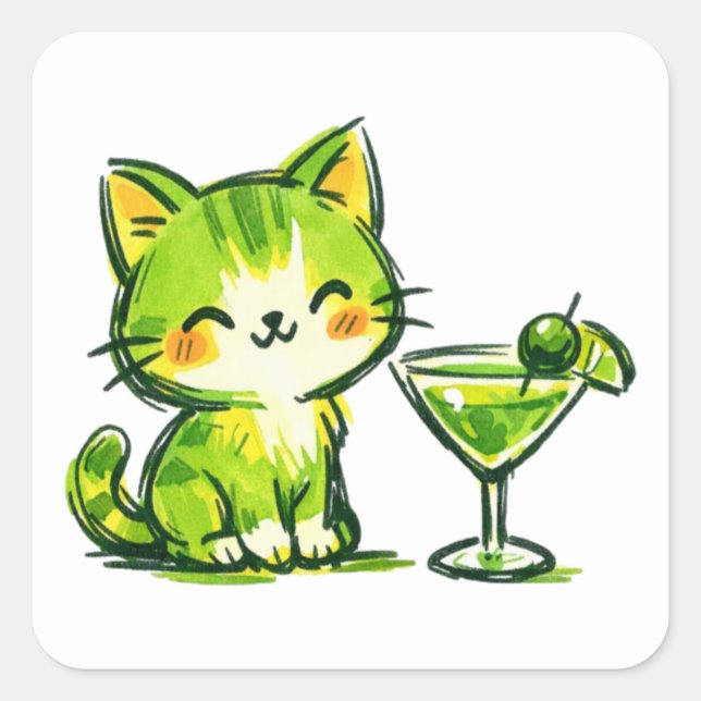 Green Cocktails and Cats Square Sticker (Front)