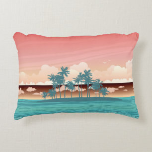 Green coconut island: sunset illustration. decorative cushion