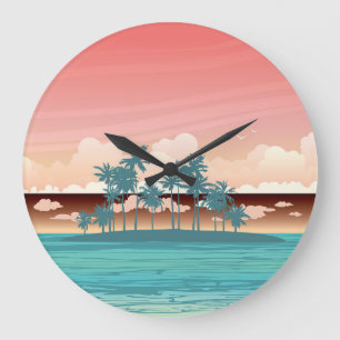 Green coconut island: sunset illustration. large clock