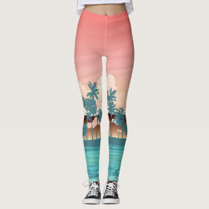 Green coconut island: sunset illustration. leggings