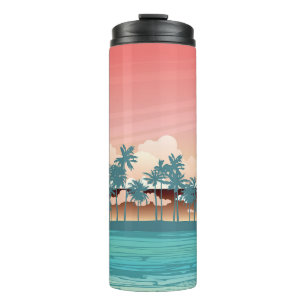 Green coconut island: sunset illustration. thermal tumbler