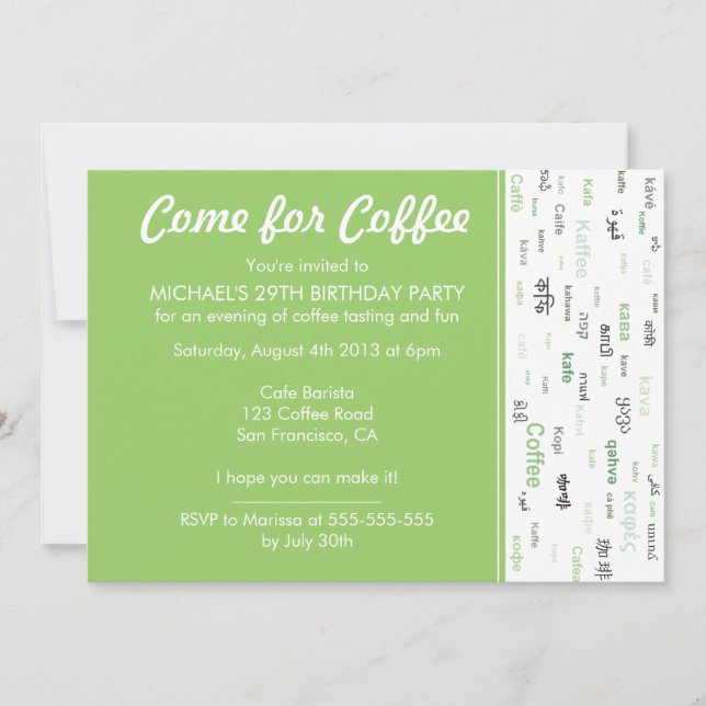 Green Coffee tasting birthday party invitations (Front)