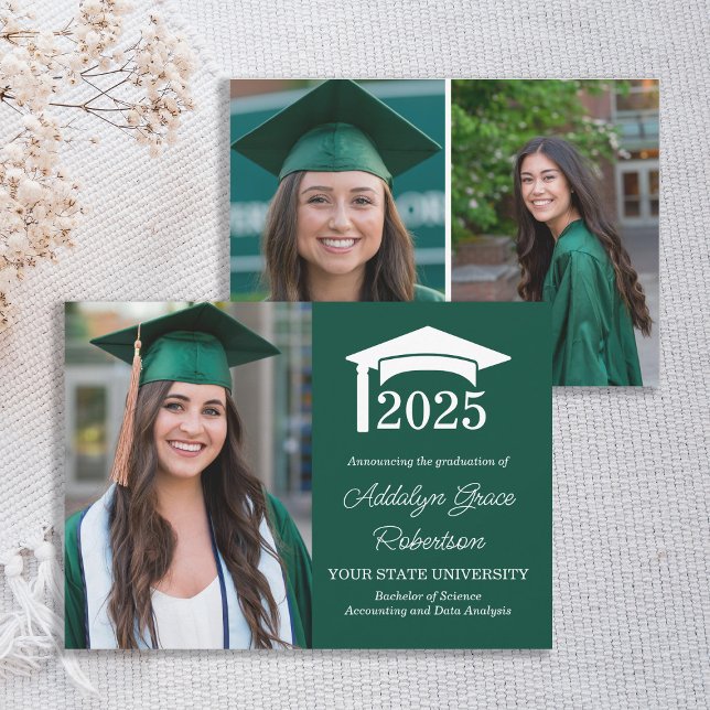 Green College 3 Photo Graduation Announcement (Green and white 3-photo college of high school graduation announcement)
