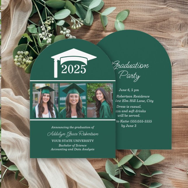 Green College University 3 Photo Arch Graduation Invitation (Green 3-photo arch-shaped graduation party invitation)