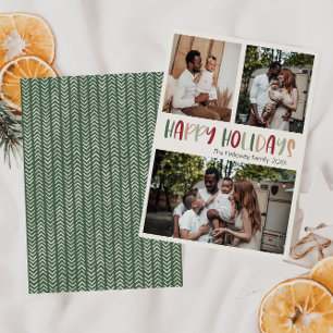 Green Colourful Happy Holidays Bold Three Photo Holiday Card