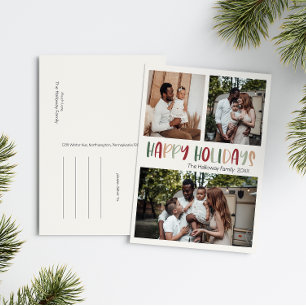 Green Colourful Happy Holidays Bold Three Photo Holiday Postcard