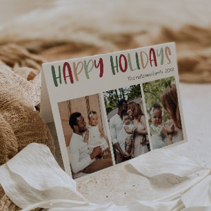 Green Colourful Happy Holidays Folded Three Photo Holiday Card