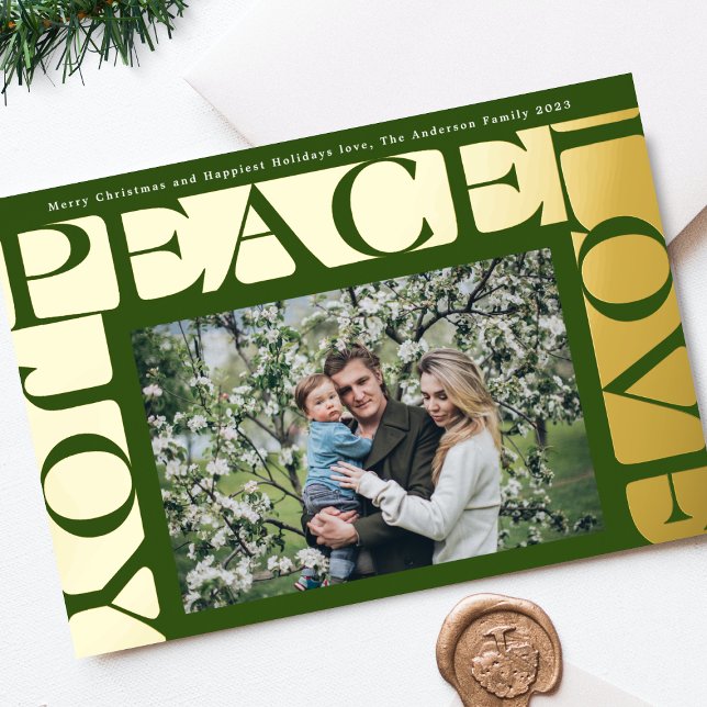 Green colourful LOVE PEACE JOY one photo frame Foil Holiday Card (Creator Uploaded)