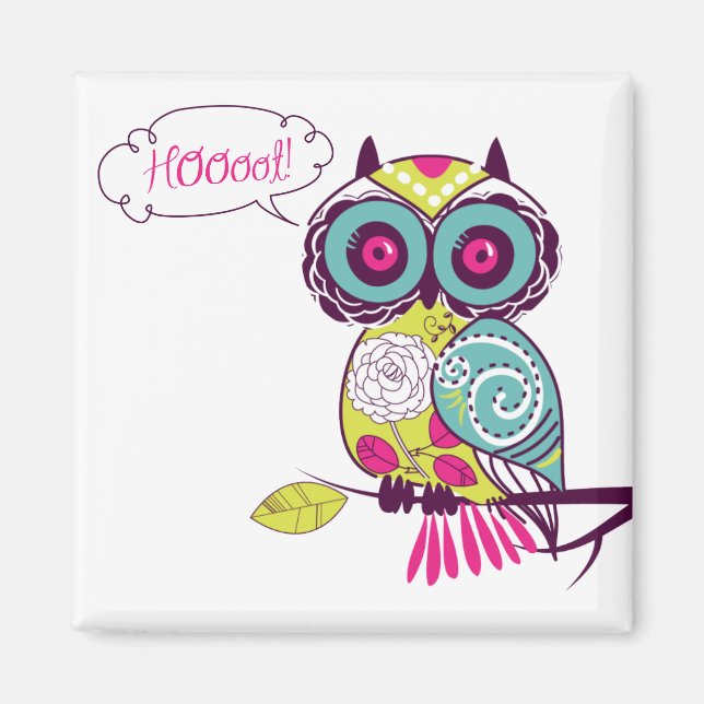 Green Colourful Ornate Retro Floral Owl Magnet (Front)