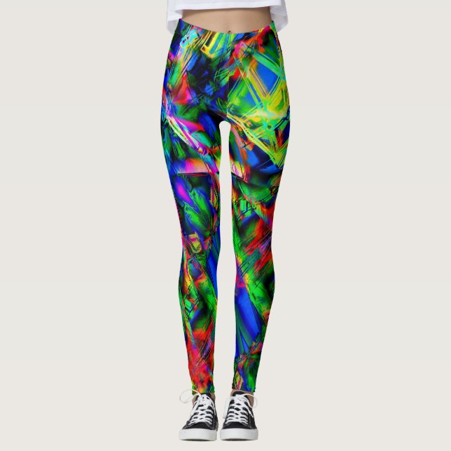 Green colourful 'squares with wrong brush strokes' leggings (Front)