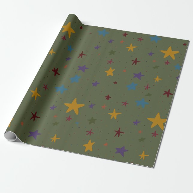 Green Colourful Star Wrapping Paper (Unrolled)