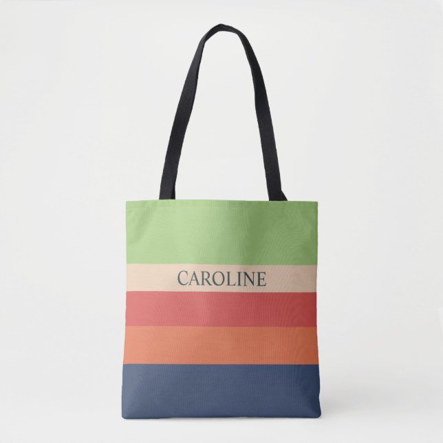 Green Colourful Stripes Customisable Name  Tote Bag (Front)