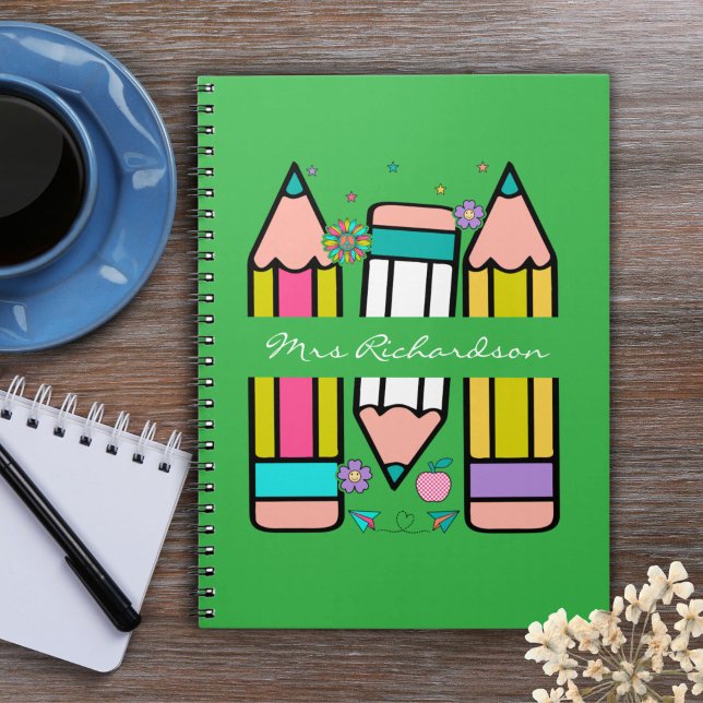 Green Colourful teacher name pencil cartoon  Notebook (Creator Uploaded)