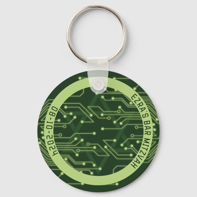 Green Computer Circuit Board Bar Mitzvah Key Ring (Front)