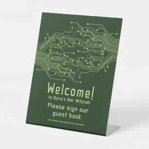 Green Computer Circuit Board Bar Mitzvah Pedestal Sign