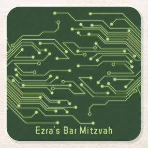 Green Computer Circuit Board Bar Mitzvah Square Paper Coaster