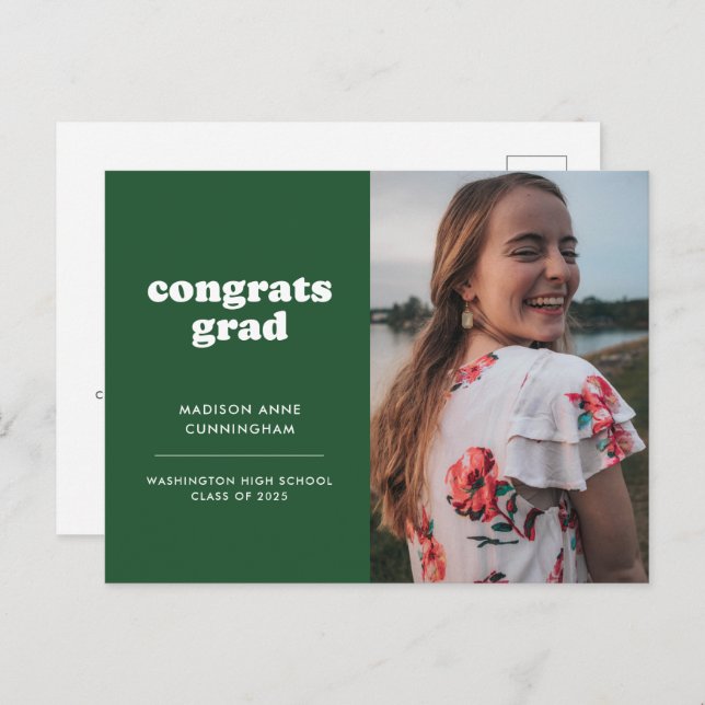 Green Congrats Grad Photo Graduation Invitation Postcard (Front/Back)