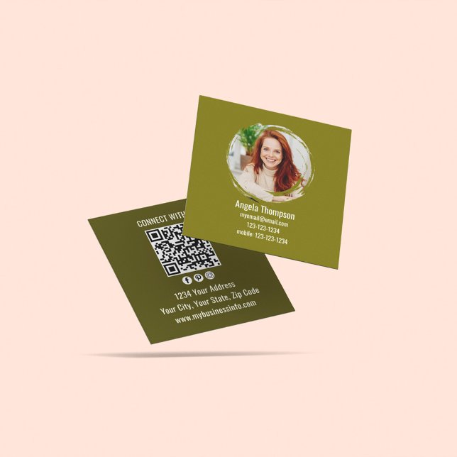 Green Connect with Me Photo QR Code  Square Business Card (Business card template with modern photo, QR code, and social media.)
