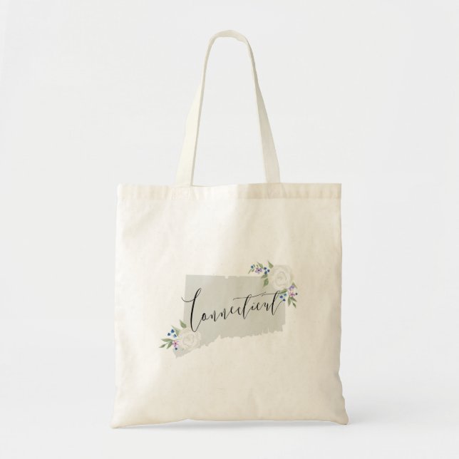 Green Connecticut Watercolor Floral Map Tote Bag (Front)