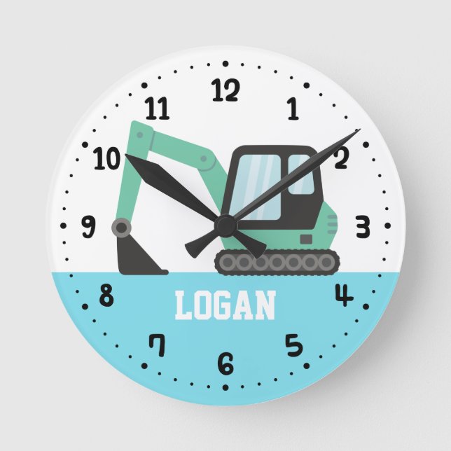 Green Construction Excavator Digger Kids Room Round Clock (Front)