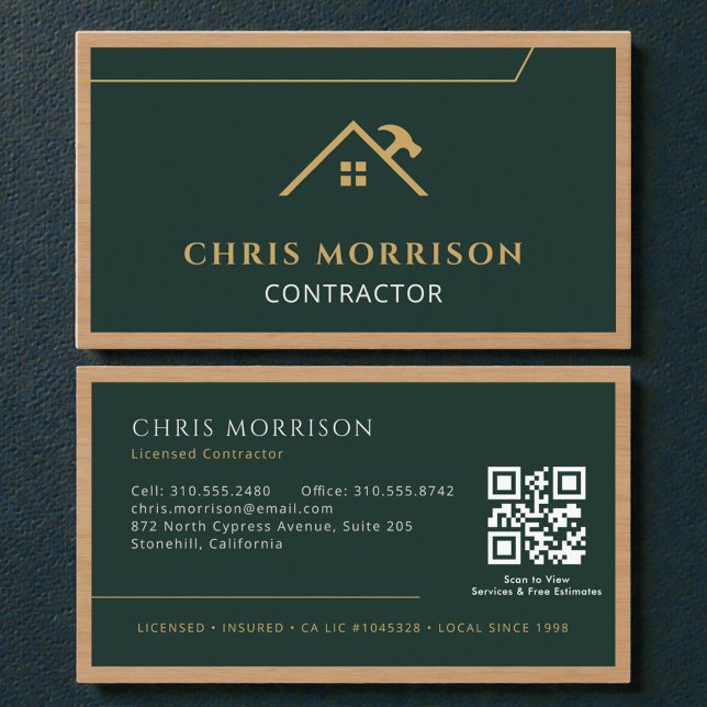 Green Construction Professional Wood QR Code Business Card (Creator Uploaded)