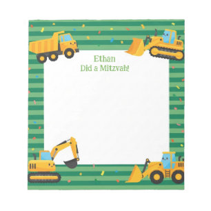 Green Construction Trucks Personalised Mitzvah Notepad