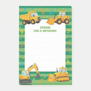 Green Construction Trucks Personalised Mitzvah  Post-it Notes