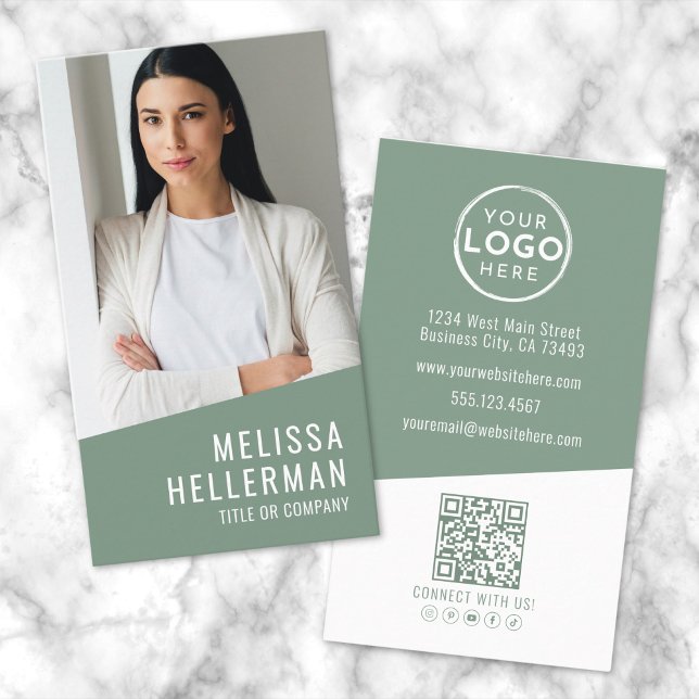 Green Contemporary Photo QR Code Logo Vertical Business Card (Green Contemporary Photo QR Code Logo Vertical Business Card)