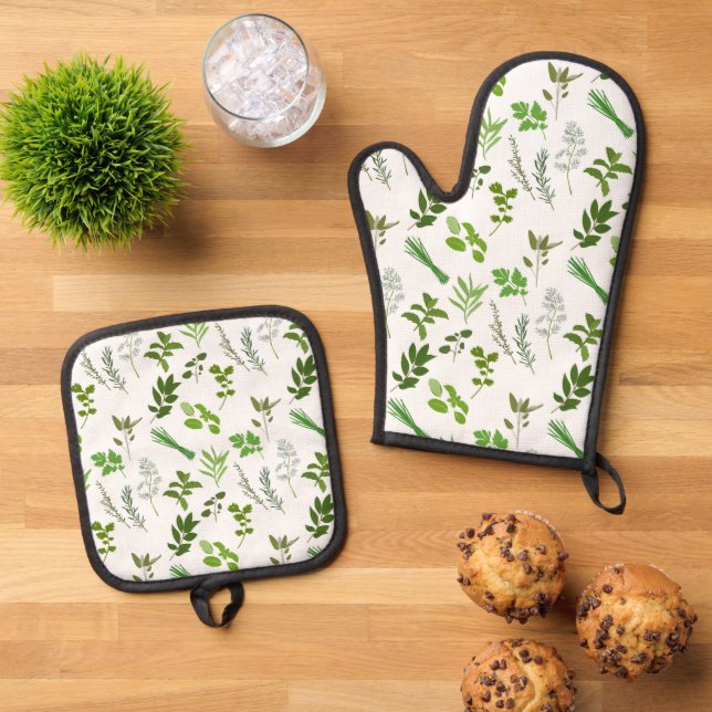 Green Cooking Culinary Garden Herbs Cooking Oven Mitt & Pot Holder Set (Top Down)