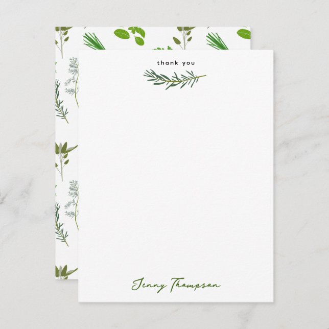Green Cooking Culinary Garden Herbs Custom Name Thank You Card (Front/Back)