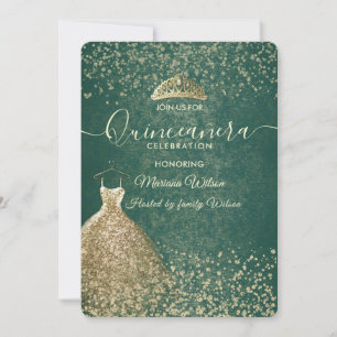 Green cool Gold sequins dress tiara Quinceañera Invitation