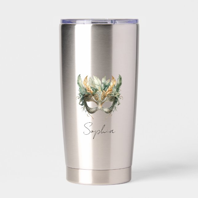 Green Copper Feathers Mask Insulated Tumbler (Front)