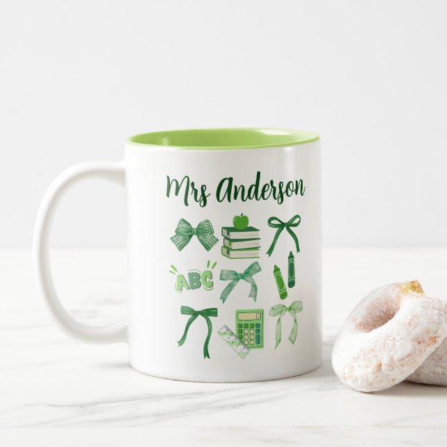 Green Coquette Bow Kindergarten Elementary Teacher Two-Tone Coffee Mug (With Donut)