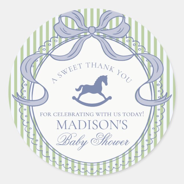 Green Coquette Bow Rocking Horse Baby Shower Favou Classic Round Sticker (Front)