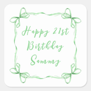 Green Coquette Ribbon Happy Birthday Square Sticker