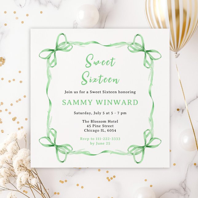 Green Coquette Ribbon Sweet Sixteen Invitation (Creator Uploaded)