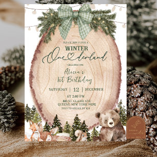 Green Coquette Rustic Winter Forest 1st Birthday Invitation