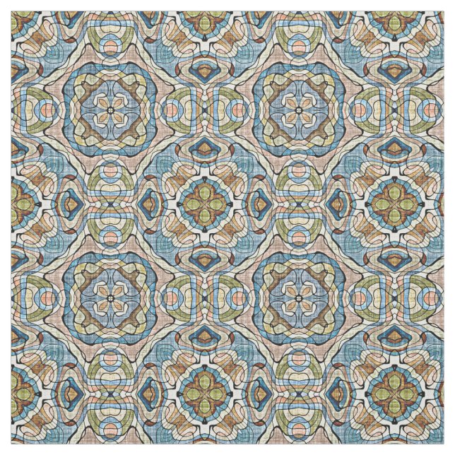 Green Coral Orange Blue Bali Batik Style Pattern Fabric (Swatch)