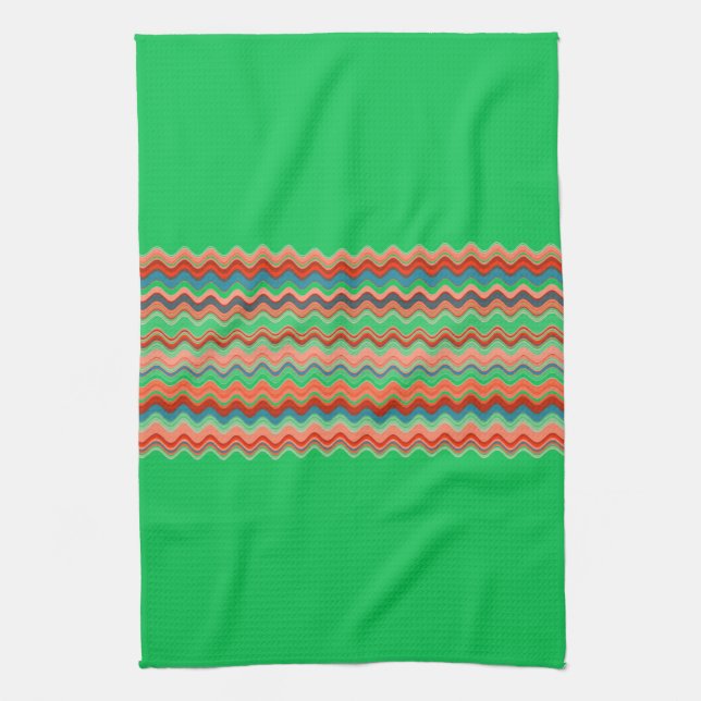 GREEN Coral Salmon Orange Turquoise Zigzag Pattern Tea Towel (Vertical)