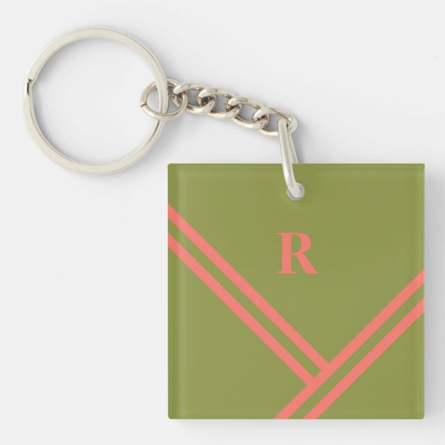 Green Coral Stripes Trending Colours Monogram Key Ring (Front)