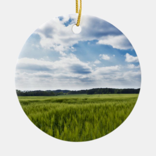 Green Cornfields and Blue Skies Ceramic Ornament (Front)